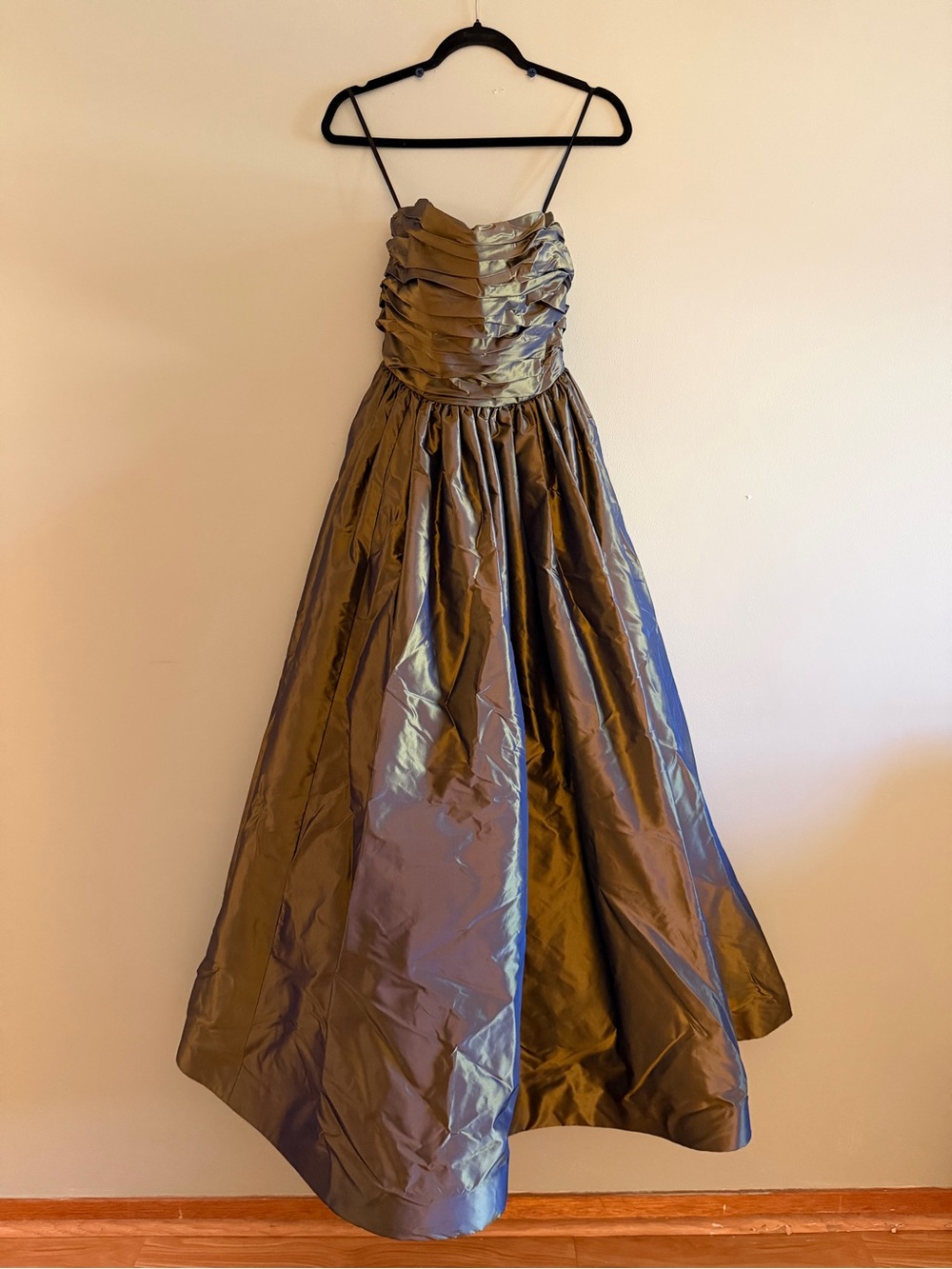 Lily Samii 100% Silk Metallic Olive Green Strapless Party Dress + Matching Shawl